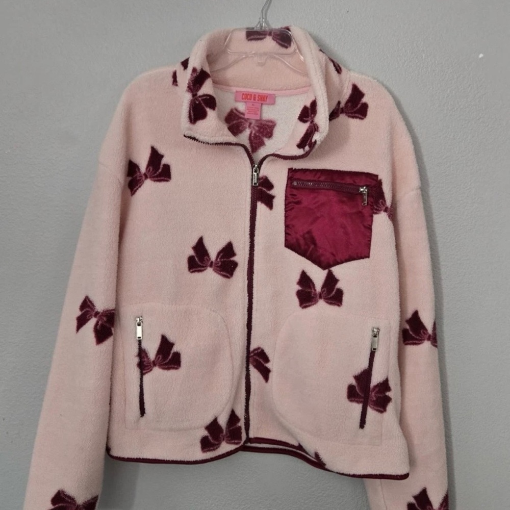Coco & Shay Women’s Pink Bow Fleece Jacket with Burgundy Accents